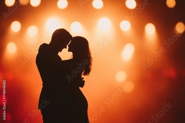 Fototapeta Intimate Embrace under Golden Lights: A tender moment captured as a silhouette of a couple embraces, bathed in the warm glow of soft, bokeh lights.