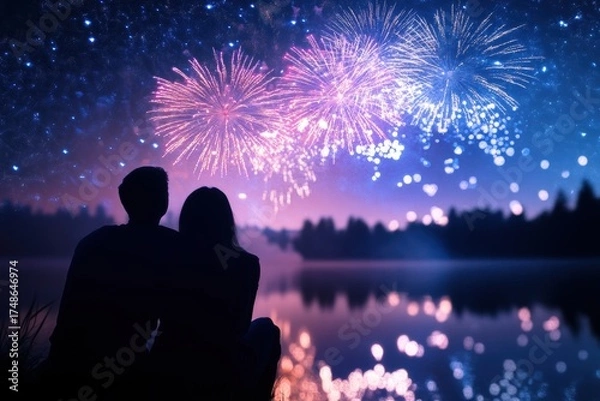 Fototapeta Night Sky Celebration: A silhouette of a couple gazing at vibrant fireworks display over tranquil lake and tree, an elegant portrayal of romance.
