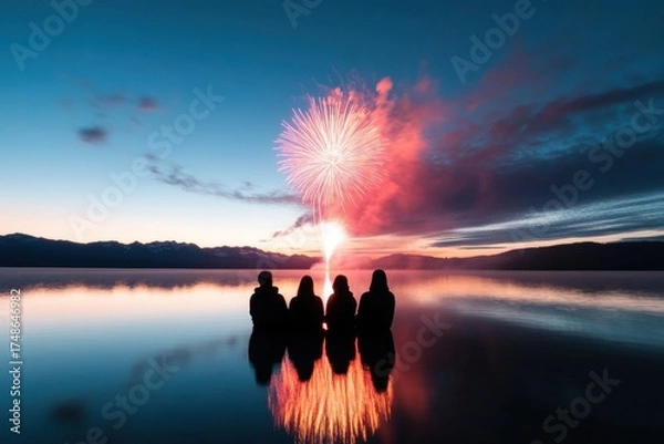 Fototapeta Celebration of the Night: A group of people is silhouetted against the calm water, witnessing the majestic burst of fireworks at the time of sunset. Capturing the joy of a moment of celebration.