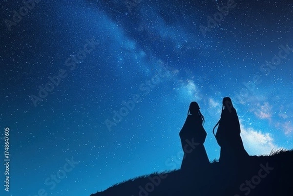 Fototapeta Stargazing Silhouette: Two figures silhouetted against a mesmerizing night sky dotted with countless stars, evoking a sense of wonder and contemplation under the vastness of the universe.