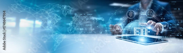 Fototapeta Businessman using tab and analysis ETF data. investment portfolio diversification, stock market index tracking, passive income strategies, low-cost trading solutions, market liquidity analysis