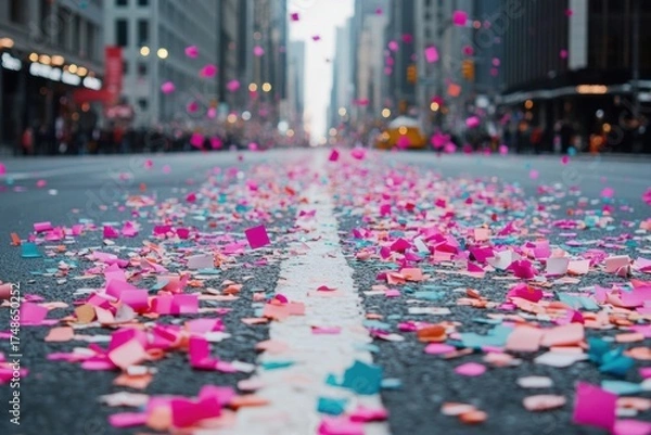 Fototapeta Urban Celebration: A vibrant cityscape transforms into a celebratory spectacle, as colorful confetti covers the asphalt in a street scene, conveying the energy of a momentous occasion. 