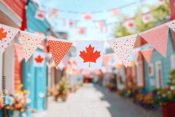 Fototapeta Canadian Day Celebration: A vibrant scene showcases the spirit of Canadian celebration, with charming decorations, a rich sense of community, and flags fluttering in the summer breeze.