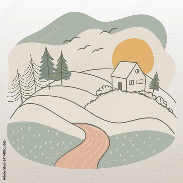 Fototapeta Rolling hills landscape with house and winding road Keywords: landscape, nature, hills, rolling