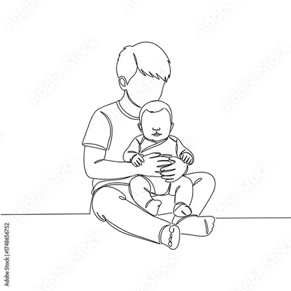 Fototapeta Baby sitting in sibling's lap, older child supporting younger baby on the floor, sweet family moment in min line art