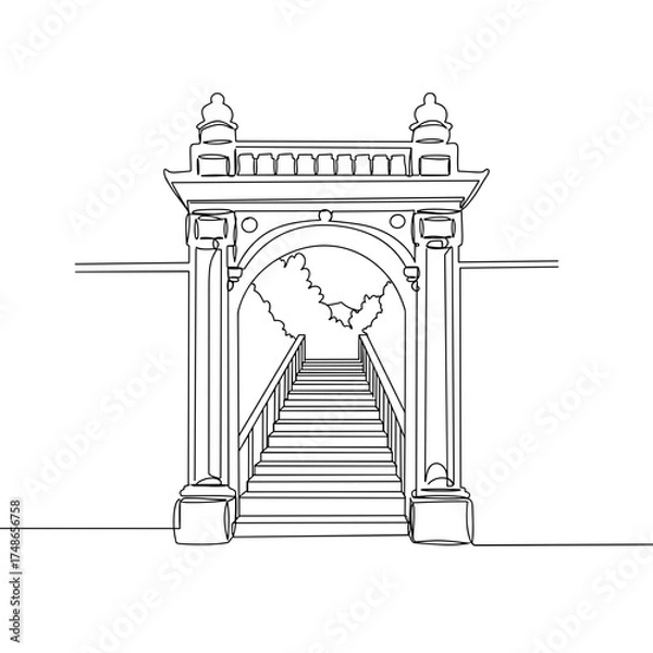 Fototapeta Gateway with stairs, classical architecture entrance with arch, staircase outdoors, and balustrade in minimal drawing
