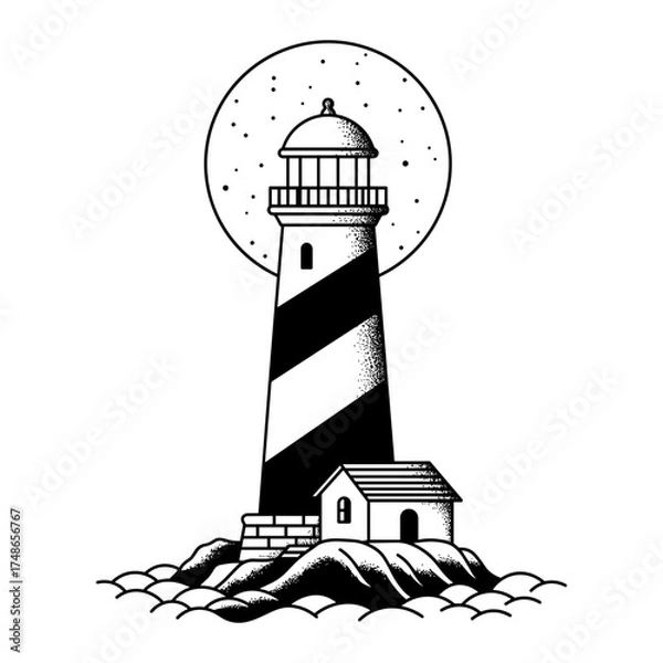 Fototapeta Lighthouse with house and moon, stylized lighthouse by the shore next to a house with glowing moon and sea in high-contrast black and white style