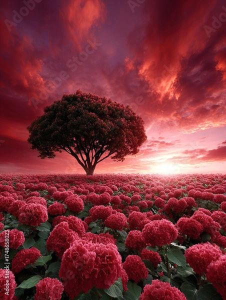 Fototapeta Vivid Red Flower Field at Sunset With Lone Tree Under a Dramatic Sky