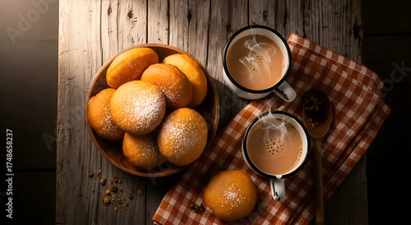 Obraz Delicious Fried Doughnuts And Coffee Served On Natural Wood, An Appealing Rustic Arrangement