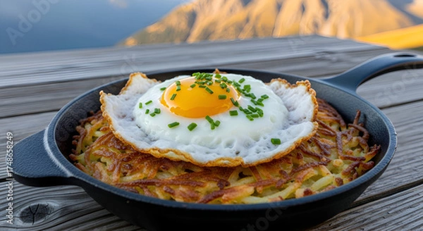 Fototapeta Delicious Fried Egg and Potato Hash Served On A Rustic Skillet With A Scenic Mountain View
