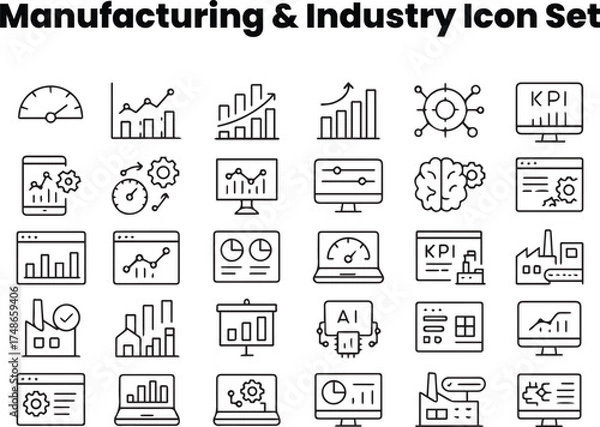Fototapeta Editable Smart Manufacturing Dashboard Icon Set — Data Analytics & Industrial Performance