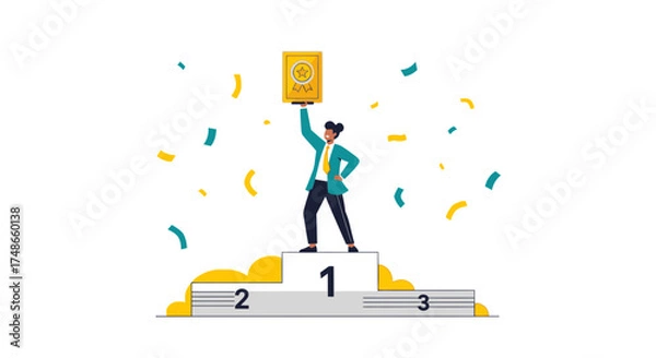 Fototapeta Successful person celebrating victory with a trophy on the podium after the competition