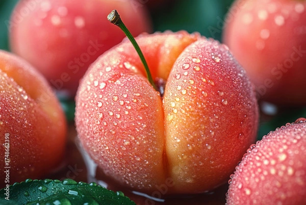 Fototapeta Fresh dew-covered peaches with stems on green leaves highlight ripe juicy summer fruit