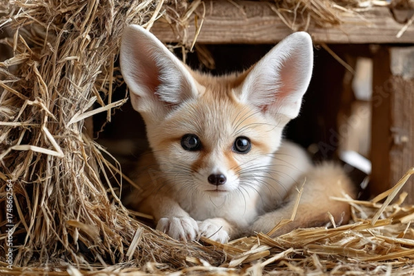 Fototapeta Adorable fennec fox pup nestled in straw showing off large ears and curious gaze in rustic setting