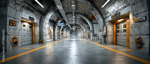 Fototapeta Underground concrete tunnel with industrial lighting and numbered steel doors creating a futuristic and symmetrical perspective