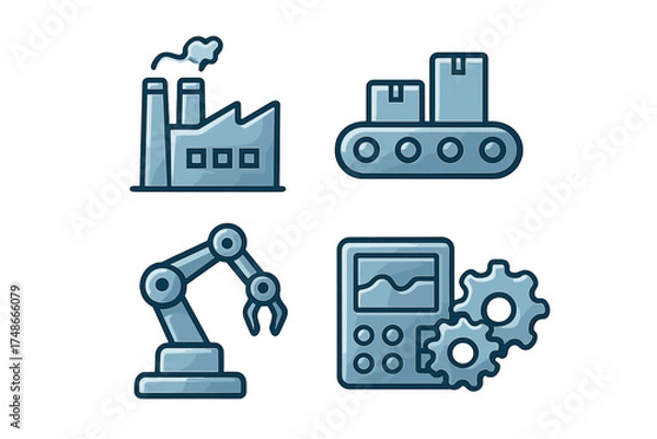 Fototapeta Industrial automation icons representing modern manufacturing processes in a sleek digital design