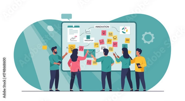 Fototapeta Team examining a business idea on a whiteboard  discussing innovation strategy plans