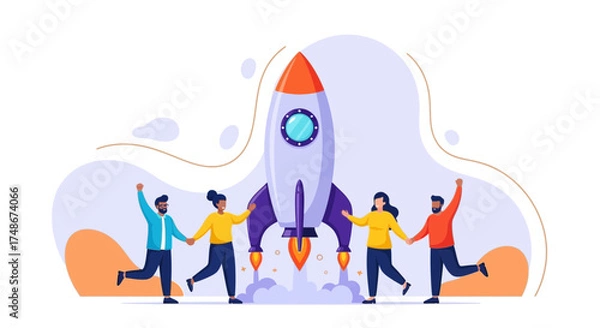 Fototapeta Teamwork and Startup:  People Celebrate Launching a Rocket Successfully, Achieving Goals