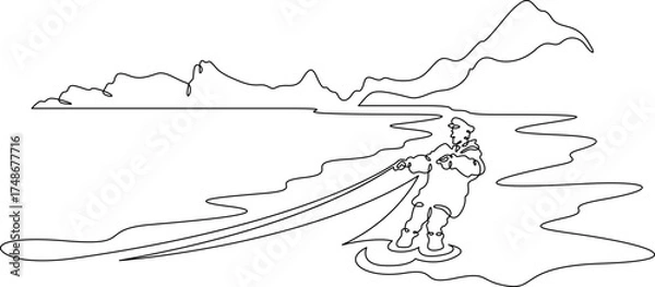 Fototapeta Continuous single line drawing Fisherman with a net. Fisherman on the seashore. Fishing. Linear design. One continuous line isolated minimalist illustration. Not AI.
