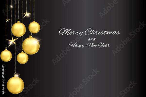 Fototapeta greeting banner with christmas with gold christmas balls and stars on a black background. Merry Christmas Card