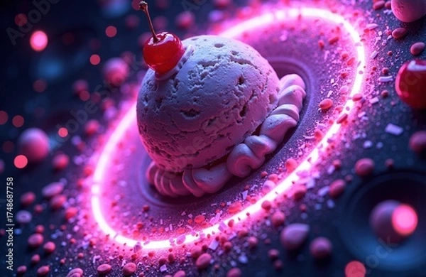 Obraz Colorful ice cream scoop with cherries and neon light effects creating a vibrant dessert scene