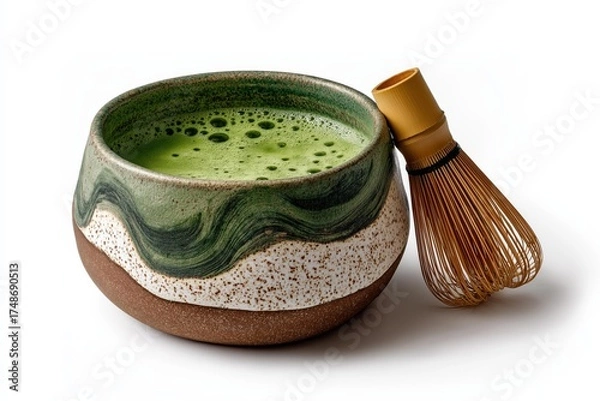 Obraz A Bowl of Creamy Matcha Green Tea with a Traditional Whisk Set Against a Minimalist Background Demonstrating Artistry and Serenity