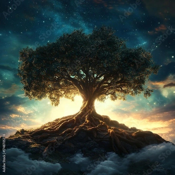 Obraz Wisdom s tree ancient oak with deep roots reaches for a starlit sky basking in ethereal sunset glow