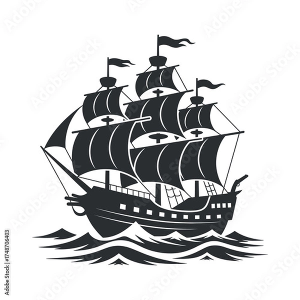 Fototapeta Sailing Ship Silhouette Vector Graphic On Water Waves Seafaring Vessel Isolated Drawing