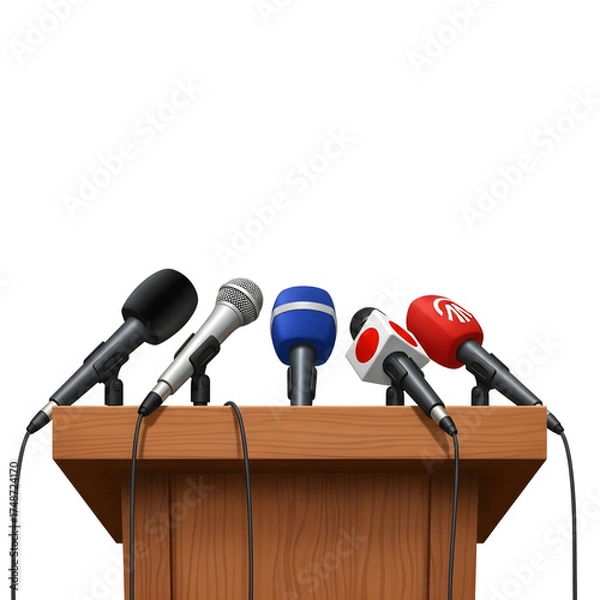 Fototapeta Multiple microphones ready for a press conference on a wooden podium