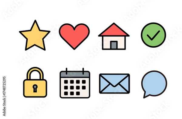 Obraz シンプルでカラフルなベクターアイコンセット（星・ハート・家・カレンダーなど）