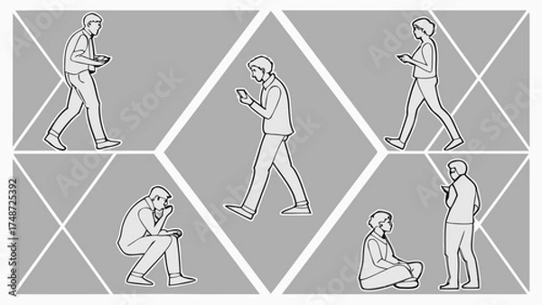 Fototapeta Minimal Line Drawing Vector Set of People in Different Poses Including Standing, Walking, Sitting, and Talking on Gray Background