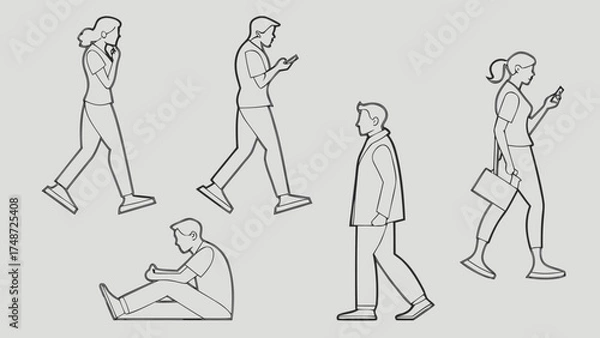 Fototapeta Minimal Line Drawing Vector Set of People in Different Poses Including Standing, Walking, Sitting, and Talking on Gray Background