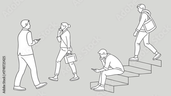 Fototapeta Minimal Line Drawing Vector Set of People in Different Poses Including Standing, Walking, Sitting, and Talking on Gray Background