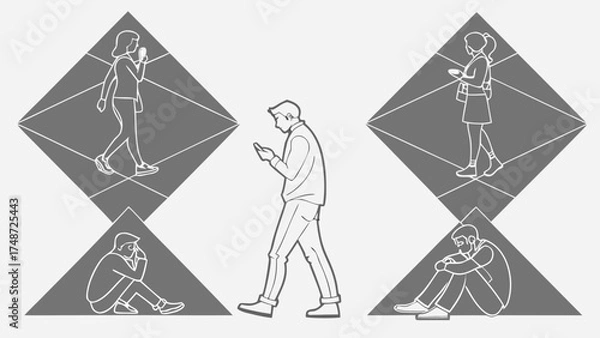 Fototapeta Minimal Line Drawing Vector Set of People in Different Poses Including Standing, Walking, Sitting, and Talking on Gray Background