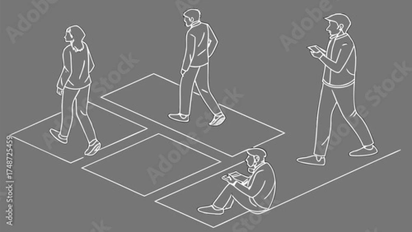 Fototapeta Minimal Line Drawing Vector Set of People in Different Poses Including Standing, Walking, Sitting, and Talking on Gray Background
