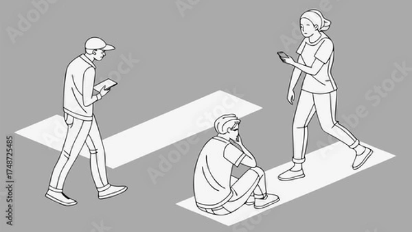 Fototapeta Minimal Line Drawing Vector Set of People in Different Poses Including Standing, Walking, Sitting, and Talking on Gray Background