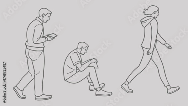 Fototapeta Minimal Line Drawing Vector Set of People in Different Poses Including Standing, Walking, Sitting, and Talking on Gray Background