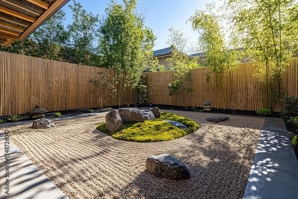 Obraz A tranquil Japanese Zen garden showcasing raked gravel, a moss island with large rocks, and a towering bamboo fence.