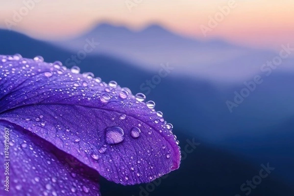 Obraz A vibrant purple petal glistens with numerous morning dew drops, reflecting the soft mountain silhouette under a serene sunrise sky. Nature's delicate beauty captured.