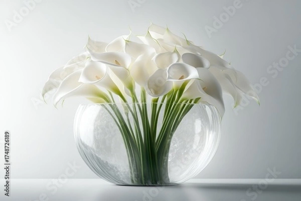Obraz A stunning arrangement of pristine white calla lilies in a clear glass bowl, elegantly displayed against a bright, minimalist background.