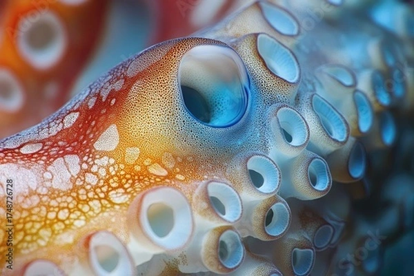 Obraz Macro shot of an octopus tentacle, showcasing vibrant colors, intricate textures, and iridescent suction cups in stunning detail.