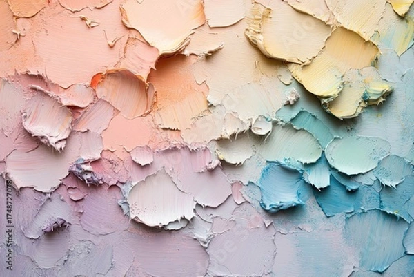 Obraz Vibrant textured abstract painting with thick impasto strokes in a soft pastel gradient of pink, yellow, blue, and purple hues.