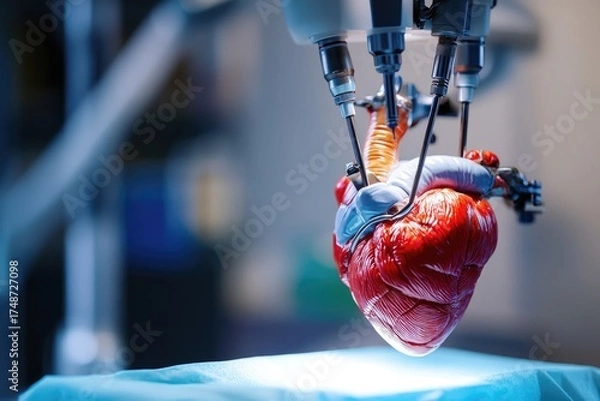 Obraz A robotic surgical system delicately manipulates a realistic human heart model, symbolizing advanced cardiac procedures and medical innovation.