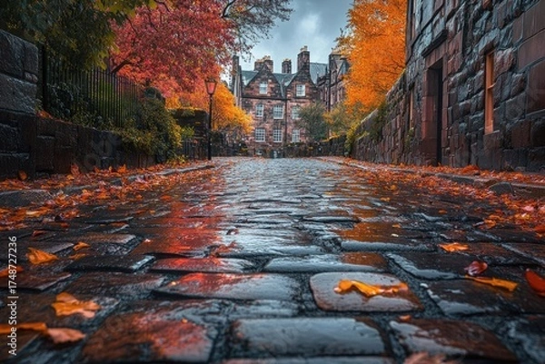Obraz Wet cobblestone street lined with vibrant autumn trees and historic buildings, scattered with fallen leaves under a dramatic cloudy sky.