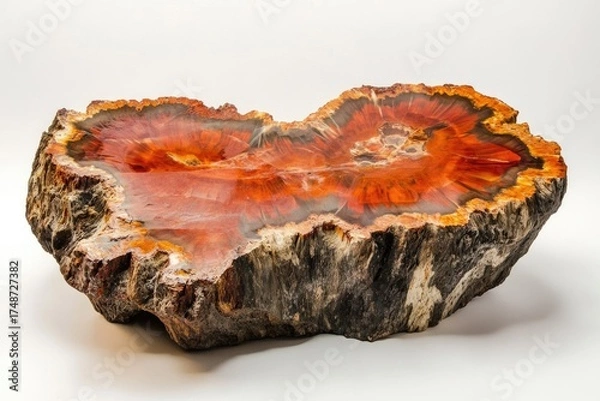 Obraz Stunning polished cross-section of petrified wood revealing vibrant orange, red, and brown mineralized patterns and intricate natural textures.