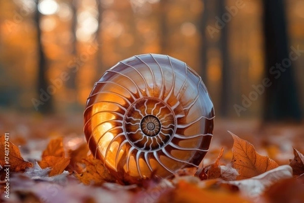 Obraz A beautiful cut nautilus shell, displaying the golden ratio spiral, rests among vibrant autumn leaves in a warmly lit forest setting.