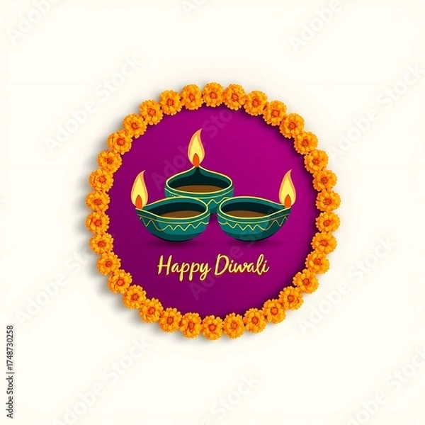 Obraz Happy diwali greeting with diyas and marigold border