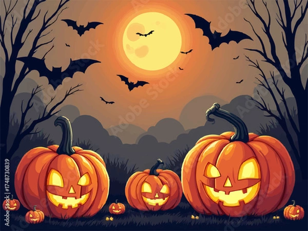 Fototapeta Vector halloween fashion design for children notepad. Funny glowing pumpkin with smile.
Flying bats against the moon at night in forest. 
Cartoon autumn drawing.