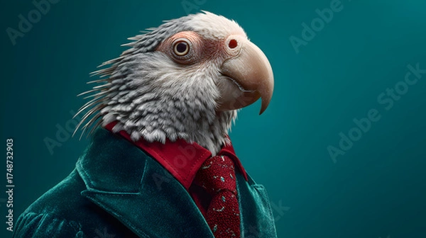 Obraz Distinguished anthropomorphic parrot in velvet suit and patterned tie on teal background
