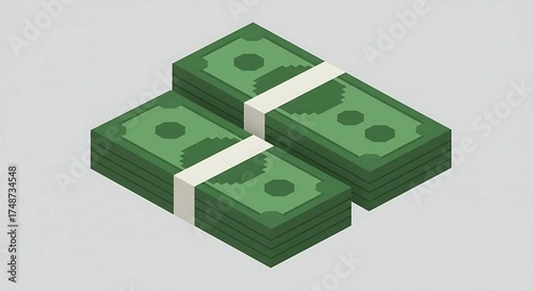 Fototapeta An isometric pixel art image of three stacks of green money notes with white stripes, in an 8-bit or 16-bit game style, on a light gray background.